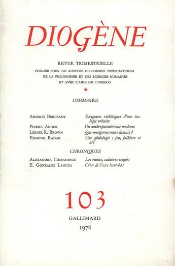 Couverture du livre « Diogene 103 » de Collectifs Gallimard aux éditions Gallimard