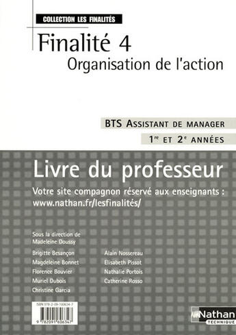 Couverture du livre « Organisation de l'action bts - finalite 4 - bts assistant de manager ( s finalites) - professeur - 2 » de Doussy/Besancon aux éditions Nathan