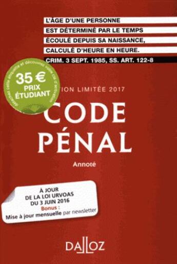 Couverture du livre « Code pénal (édition 2017) » de  aux éditions Dalloz