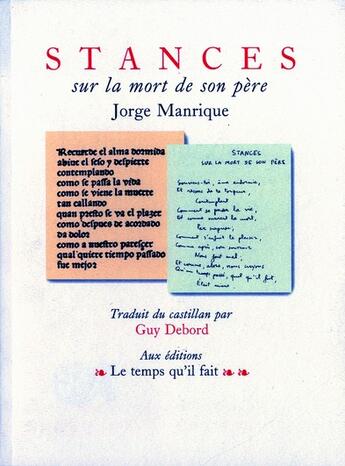 Couverture du livre « Stances sur la mort de son pere » de Jorge Manrique aux éditions Le Temps Qu'il Fait