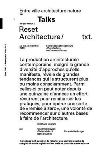 Couverture du livre « Reset architecture - [actes de la conference et des tables rondes], 13 & 14 novembre 2018, ecole nat » de Stephane Bonzani aux éditions Deux-cent-cinq