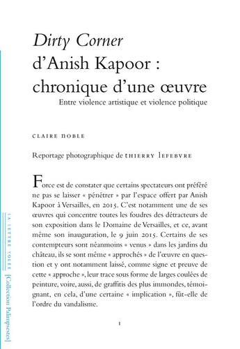 Couverture du livre « Dirty corner d'Anish Kapoor : chronique d'une oeuvre ; entre violence artistique et violence politique » de Thierry Lefebvre et Claire Noblet aux éditions Lettre Volee