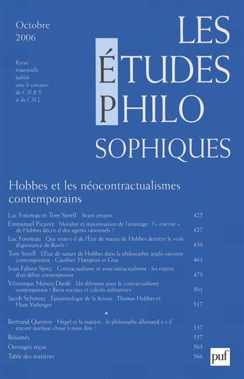 Couverture du livre « REVUE LES ETUDES PHILOSOPHIQUES N.2006/4 ; Hobbes et les néocontractualismes contemporains » de Revue Les Etudes Philosophiques aux éditions Puf