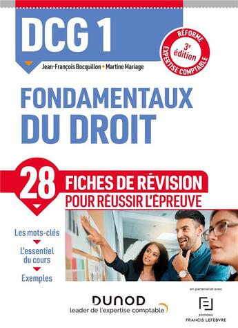 Couverture du livre « DCG 1 : fondamentaux du droit ; 28 fiches de révision pour réussir l'épreuve (3e édition) » de Jean-Francois Bocquillon et Martine Mariage aux éditions Dunod