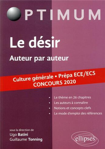 Couverture du livre « Le désir ; prépa ECE, ECS ; culture générale ; auteur par auteur (édition 2020) » de Guillaume Tonning et Ugo Batini aux éditions Ellipses