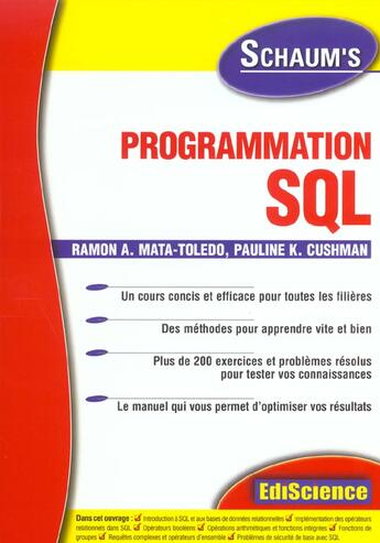 Couverture du livre « Programmation sql » de Mata-Toledo/Cushman aux éditions Dunod