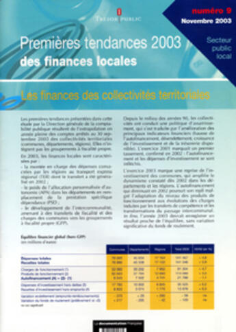 Couverture du livre « Premières tendances 2003 des finances locales » de Ministere De L'Economie Des Finances Et De L'Industrie aux éditions Documentation Francaise