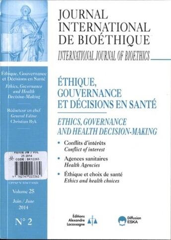 Couverture du livre « Revue Jib 2 2014 Ethique Gouvernance Et Decisions En Sante » de Byk aux éditions Eska