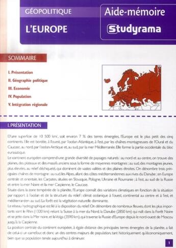 Couverture du livre « L'europe » de Sophie Chautard aux éditions Studyrama