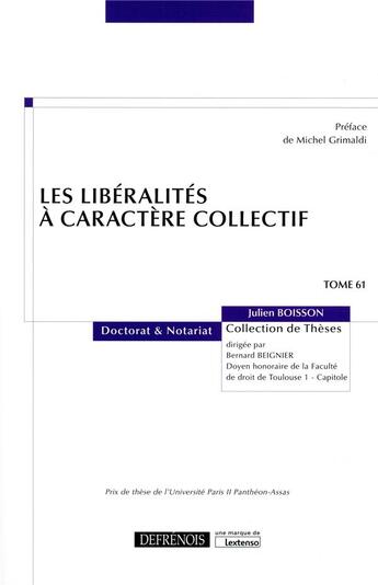 Couverture du livre « Les libéralités à caractère collectif » de Julien Boisson aux éditions Defrenois