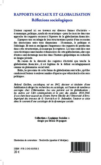 Couverture du livre « Rapports sociaux et globalisation ; réflexions sociologiques » de Roland Guillon aux éditions L'harmattan