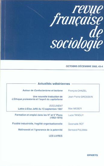 Couverture du livre « R f s 4eme trimestre 2002 vol 43 » de  aux éditions Ophrys