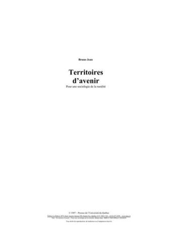 Couverture du livre « Territoires d'avenir ; pour une sociologie de la ruralité » de Bruno Jean aux éditions Pu De Quebec