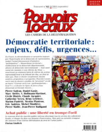 Couverture du livre « Pouvoirs locaux t.62 ; democratie territoriale : enjeux , defis, urgences » de  aux éditions Documentation Francaise