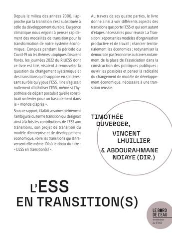 Couverture du livre « L'ESS en transition(s) » de Abdourahmane Ndiaye et Vincent Lhuillier et Thimothee Duverger aux éditions Bord De L'eau