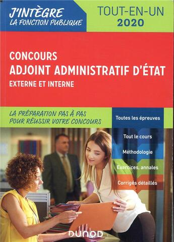 Couverture du livre « Concours adjoint administratif d'Etat ; externe et interne ; tout-en-un (édition 2020) » de Corinne Pelletier et Audrey Charmont aux éditions Dunod