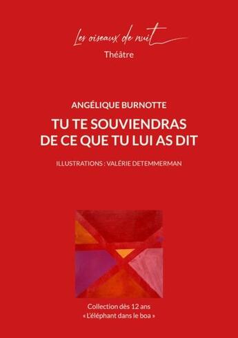 Couverture du livre « Tu te souviendras de ce que tu lui as dit » de Angelique Burnotte et Valerie Detemmerman aux éditions Les Oiseaux De Nuit