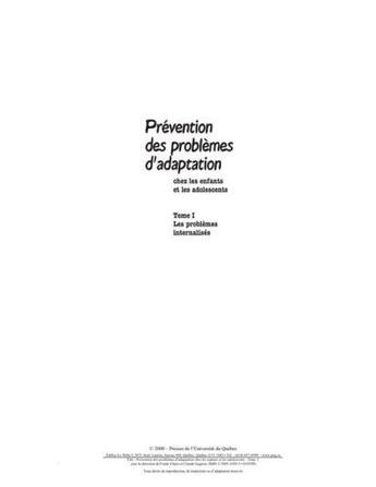 Couverture du livre « Prévention des problèmes d'adaptation chez les enfants et les adolescents - t.1. les problemes in » de Gagnon et F Vitaro aux éditions Pu De Quebec