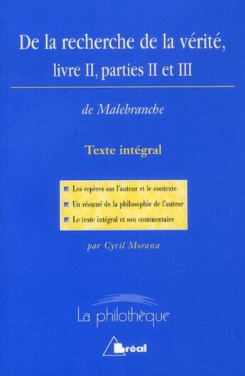 Couverture du livre « De la recherche de la vérité livre 2, parties 2 et3 » de Morana aux éditions Breal