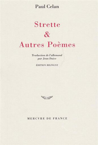 Couverture du livre « Strette & autres poemes » de Paul Celan aux éditions Mercure De France