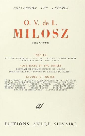 Couverture du livre « O. V. de L. Milosz, 1877-1939 » de  aux éditions Rocher