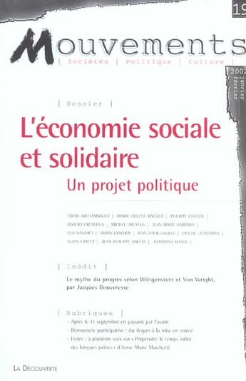 Couverture du livre « Revue mouvements numero 19 economie sociale et solidaire » de Revue Mouvements aux éditions La Decouverte