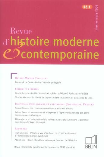 Couverture du livre « REVUE D'HISTOIRE MODERNE ET CONTEMPORAINE Tome 53-1 : janvier-mars 2006 » de Revue D'Histoire Moderne Et Contemporaine aux éditions Belin