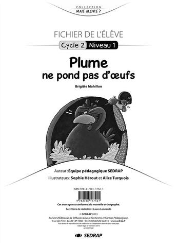 Couverture du livre « Plume ne pond pas d'oeufs - fichier gs » de  aux éditions Sedrap