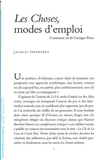 Couverture du livre « Les choses, modes d'emploi ; comment on lit Georges Perec » de Jacques Leenhardt aux éditions Lettre Volee