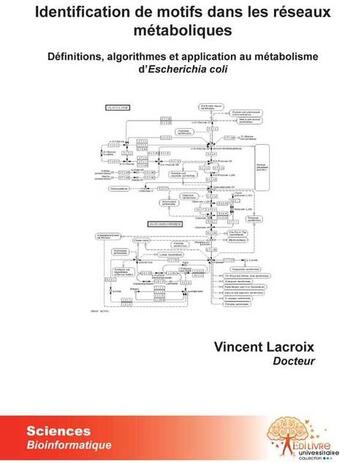 Couverture du livre « Identification de motifs dans les réseaux métaboliques ; définitions, algorithmes et applications au métabolisme d'Escherichia coli » de Vincent Lacroix aux éditions Edilivre