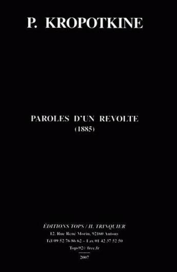 Couverture du livre « Paroles d'un revolte (1885) (ned) » de Pierre Kropotkine aux éditions Tops