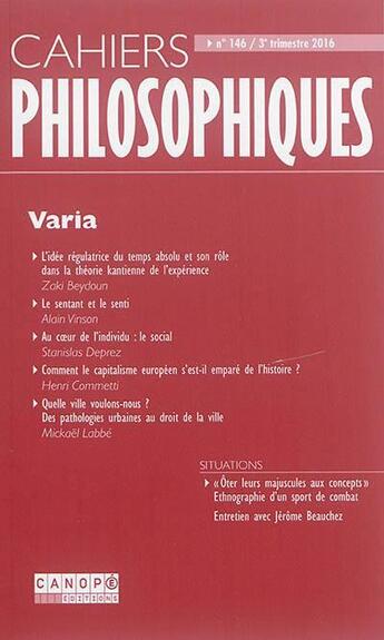 Couverture du livre « Cahiers philosophiques n 146 3e trimestre 2016 » de  aux éditions Reseau Canope