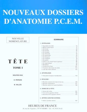 Couverture du livre « Anatomie : tete tome 1 » de Huu/Person/Vall aux éditions Heures De France