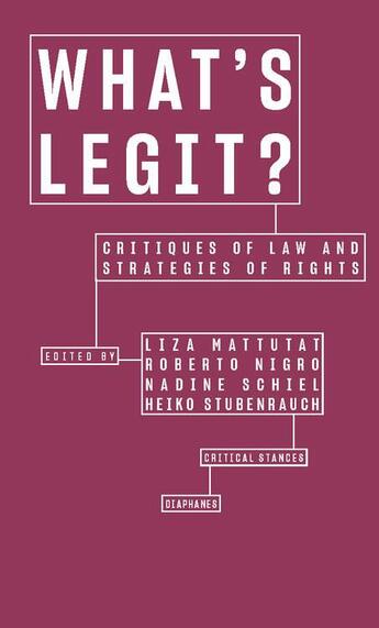 Couverture du livre « What's legit? ; critiques of law and strategies of rights » de Liza Mattutat et Roberto Nigro et Nadine Schiel et Heiko Stubenrauch aux éditions Diaphanes