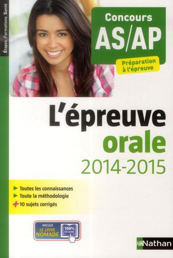 Couverture du livre « L'épreuve orale ; concours AS/AP (édition 2014) » de  aux éditions Nathan