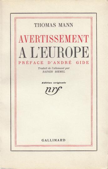 Couverture du livre « Avertissement a l'europe » de Thomas Mann aux éditions Gallimard