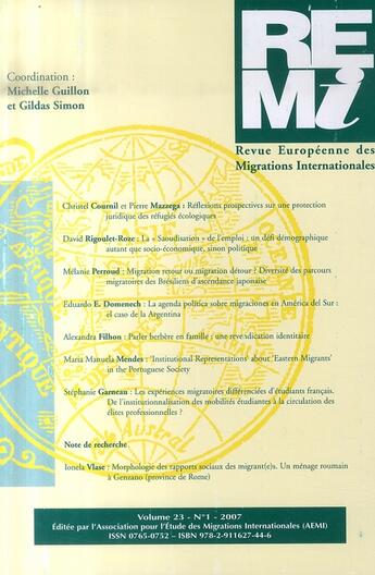 Couverture du livre « Revue européenne des migrations européennes n.23/1 » de Guillon M/Simon aux éditions Pu De Rennes