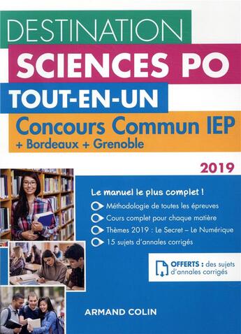 Couverture du livre « Destination sciences po - concours commun IEP + bordeaux + grenoble - tout-en-un (édition 2019) » de Dimitri Delarue aux éditions Armand Colin