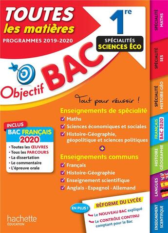 Couverture du livre « Objectif bac 1re enseignements communs + specialites maths-ses-histoire-geo bac 2020 » de Lisle/Rousseau/Blin aux éditions Hachette Education