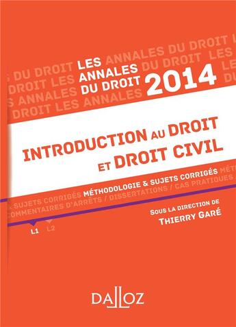 Couverture du livre « Introduction au droit et droit civil (édition 2014) » de Thierry Gare aux éditions Dalloz