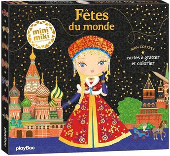 Couverture du livre « Minimiki - mon coffret fetes du monde - cartes a gratter et a colorier » de Julie Camel aux éditions Play Bac