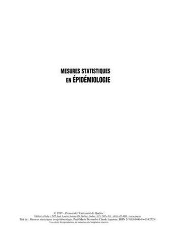 Couverture du livre « Mesures statisiques en épidémiologie » de Claude Lapointe et Paul-Marie Bernard aux éditions Pu De Quebec