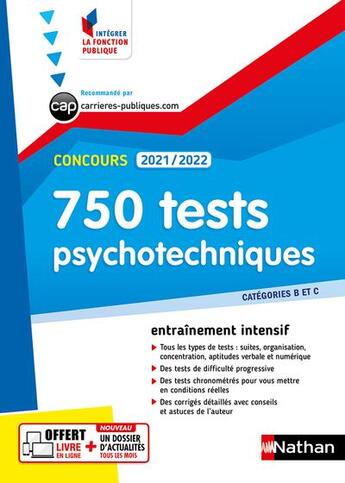 Couverture du livre « 750 tests psychotechniques ; catégories B et C (édition 2021/2022) » de  aux éditions Nathan