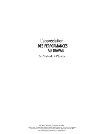 Couverture du livre « L'appréciation des performances au travail ; de l'individu à l'équipe » de Jc Bernatchez aux éditions Pu De Quebec