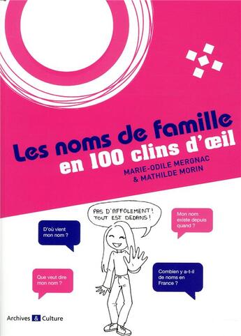 Couverture du livre « Les noms de famille en 100 clins d'oeil » de Marie-Odile Mergnac et Mathilde Morin aux éditions Archives Et Culture