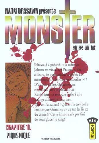 Couverture du livre « Monster Tome 10 : pique-nique » de Naoki Urasawa aux éditions Kana