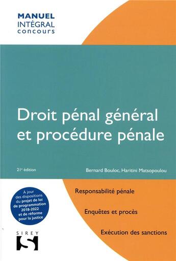 Couverture du livre « Droit pénal général et procédure pénale (21e édition) » de Bernard Bouloc et Haritini Matsopoulou aux éditions Sirey