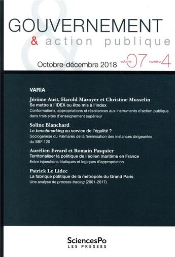 Couverture du livre « Revue gouvernement et action publique T.7/4 » de Revue Gouvernement Et Action Publique aux éditions Presses De Sciences Po