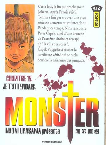 Couverture du livre « Monster Tome 16 : je t'attendais » de Naoki Urasawa aux éditions Kana