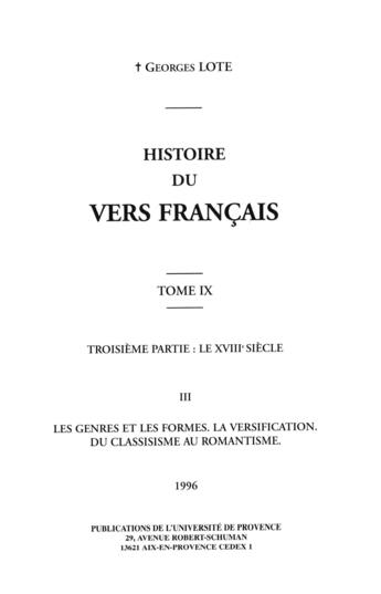 Couverture du livre « Histoire du vers français. Tome IX » de Georges Lote aux éditions Epagine